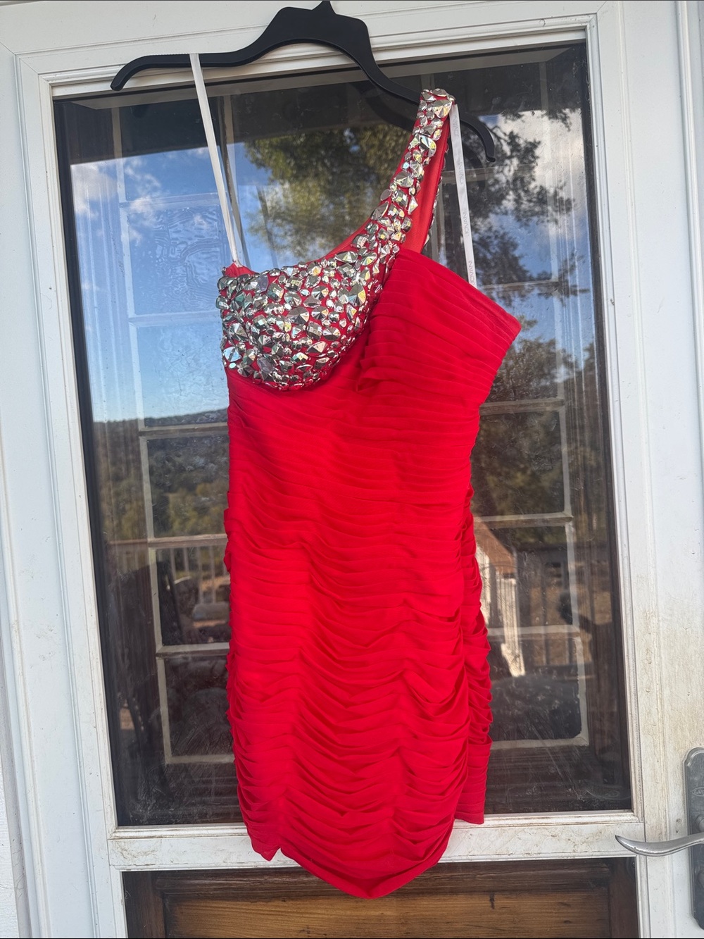 Jovani Red One-Shoulder Ruched Dress with Jeweled Bodice